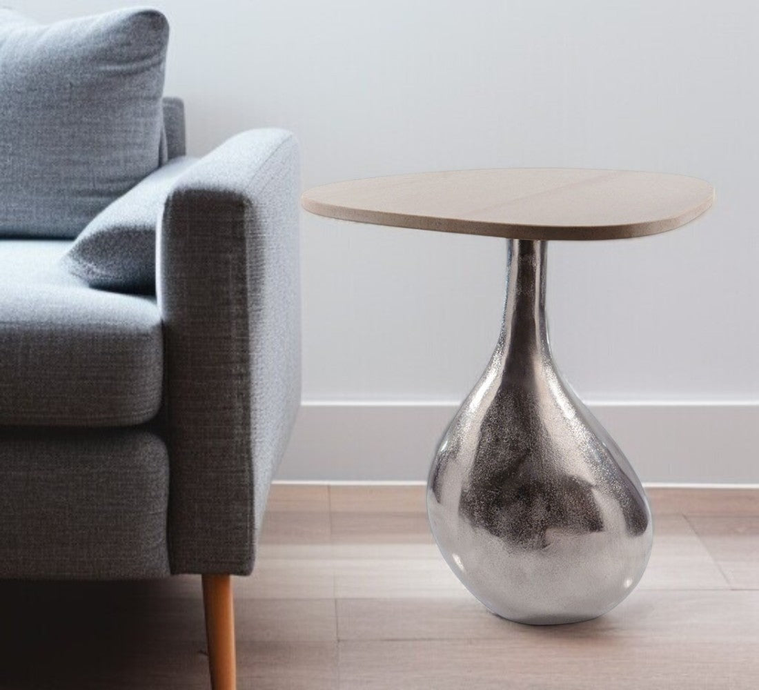 22" Silver And Beige Cast Aluminum And Marble Pedestal End Table-End-Side Tables-DECOROLALA