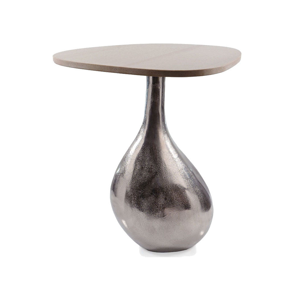 22" Silver And Beige Cast Aluminum And Marble Pedestal End Table-End-Side Tables-DECOROLALA