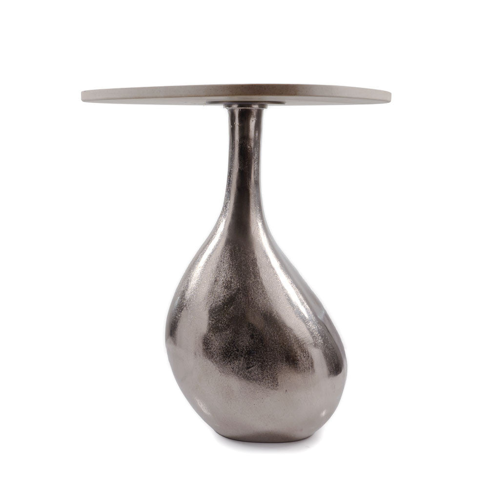 22" Silver And Beige Cast Aluminum And Marble Pedestal End Table-End-Side Tables-DECOROLALA