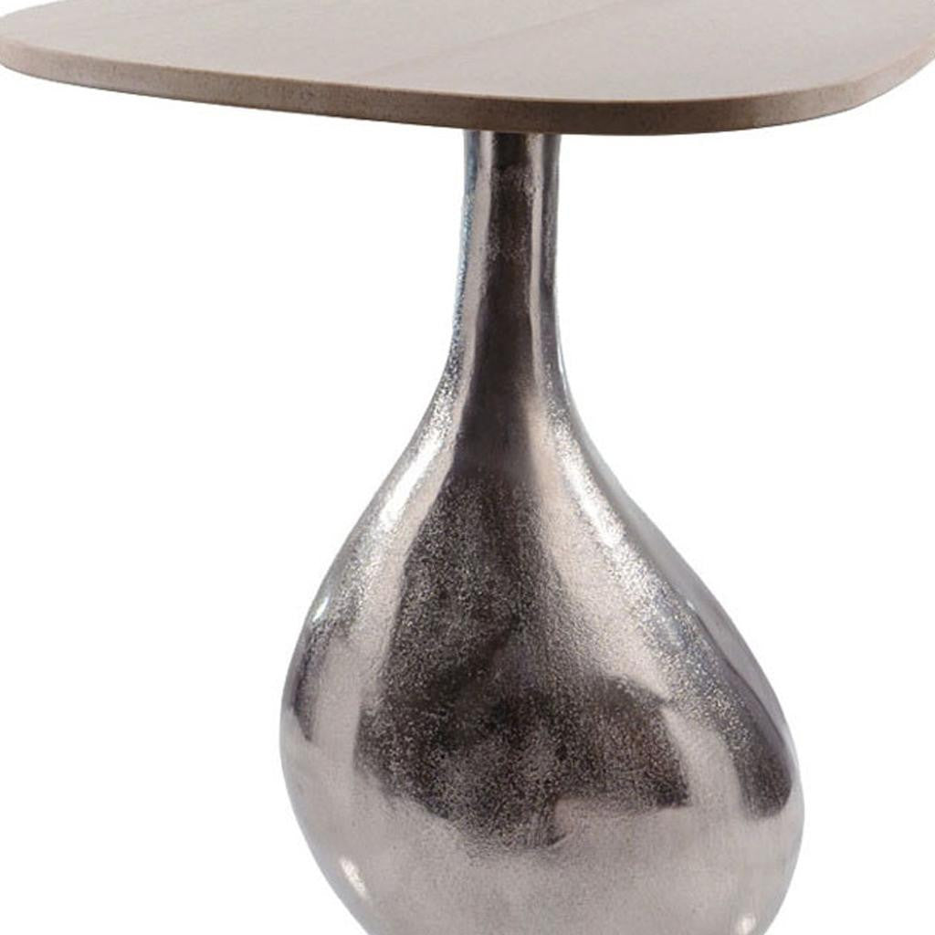 22" Silver And Beige Cast Aluminum And Marble Pedestal End Table-End-Side Tables-DECOROLALA