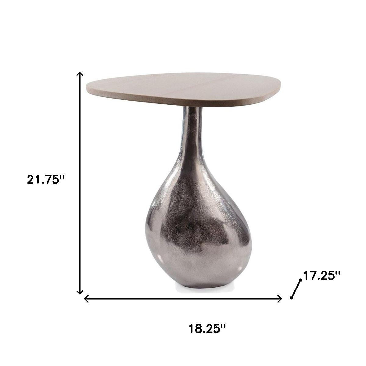 22" Silver And Beige Cast Aluminum And Marble Pedestal End Table-End-Side Tables-DECOROLALA
