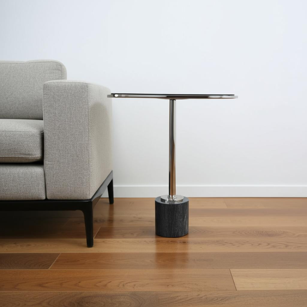 22" Smoky Black and Silver Aluminum Glass and Marble Pedestal End Table-End-Side Tables-DECOROLALA