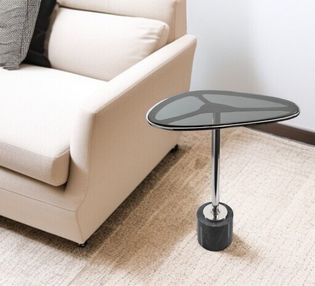 22" Smoky Black and Silver Aluminum Glass and Marble Pedestal End Table-End-Side Tables-DECOROLALA