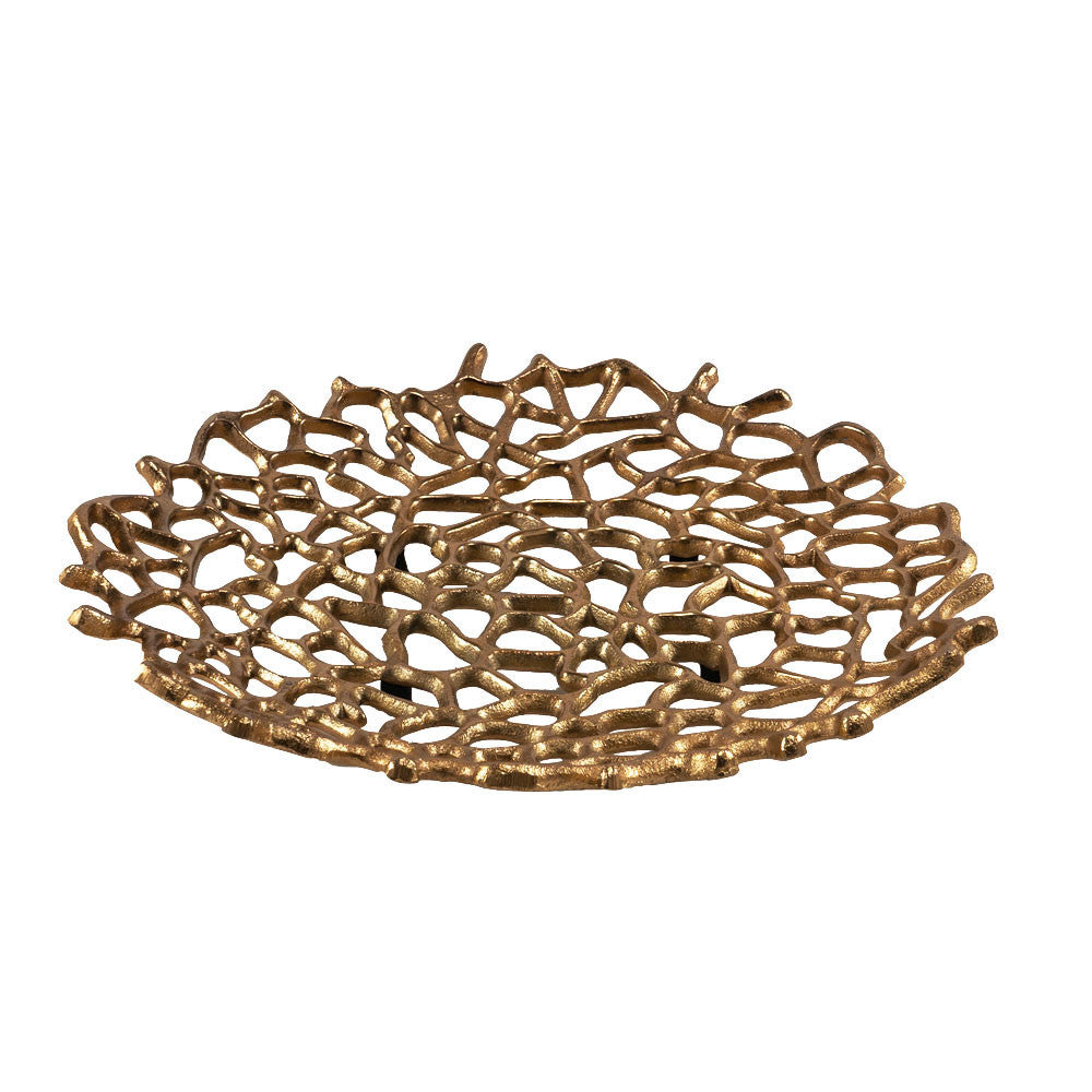 15" Gold Aluminum Coral Decorative Low Bowl-Sculptures-DECOROLALA