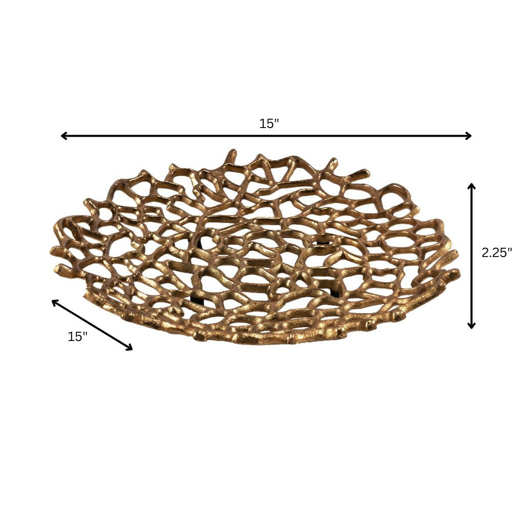 15" Gold Aluminum Coral Decorative Low Bowl-Sculptures-DECOROLALA