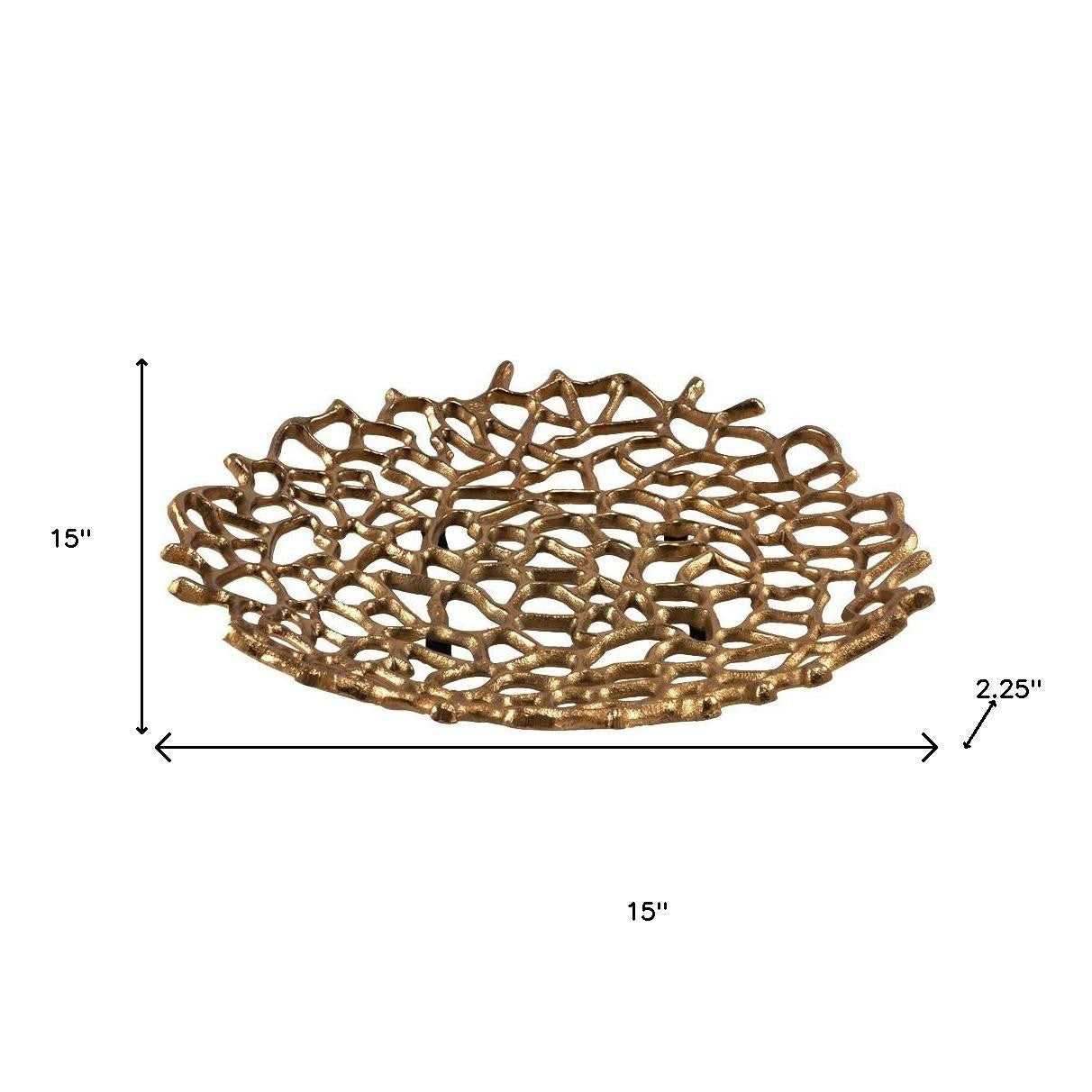 15" Gold Aluminum Coral Decorative Low Bowl-Sculptures-DECOROLALA