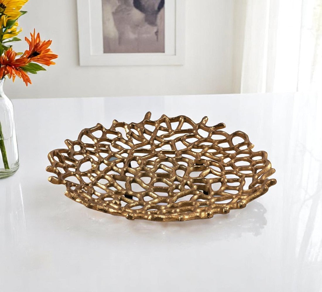 15" Gold Aluminum Coral Decorative Low Bowl-Sculptures-DECOROLALA