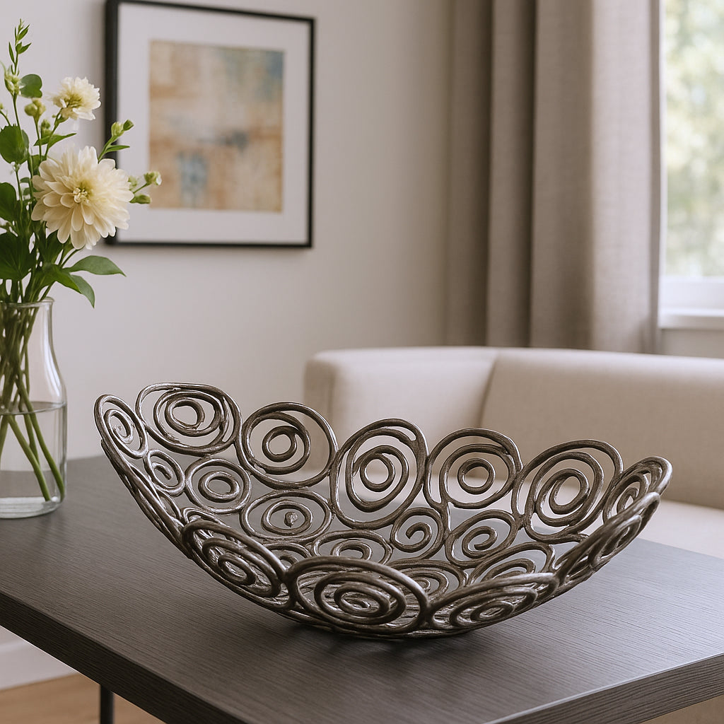 20" Silver Aluminum Abstract Circles Oval Decorative Bowl-Sculptures-DECOROLALA