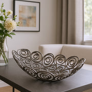 20" Silver Aluminum Abstract Circles Oval Decorative Bowl-Sculptures-DECOROLALA