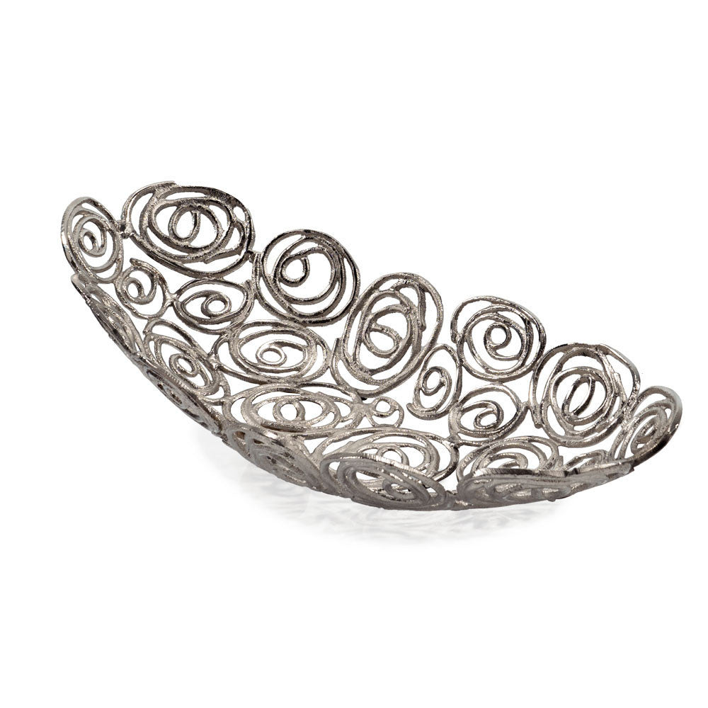20" Silver Aluminum Abstract Circles Oval Decorative Bowl-Sculptures-DECOROLALA