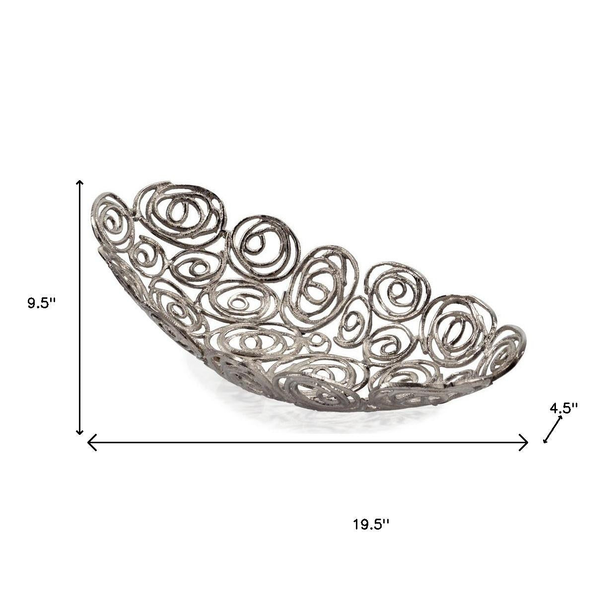 20" Silver Aluminum Abstract Circles Oval Decorative Bowl-Sculptures-DECOROLALA