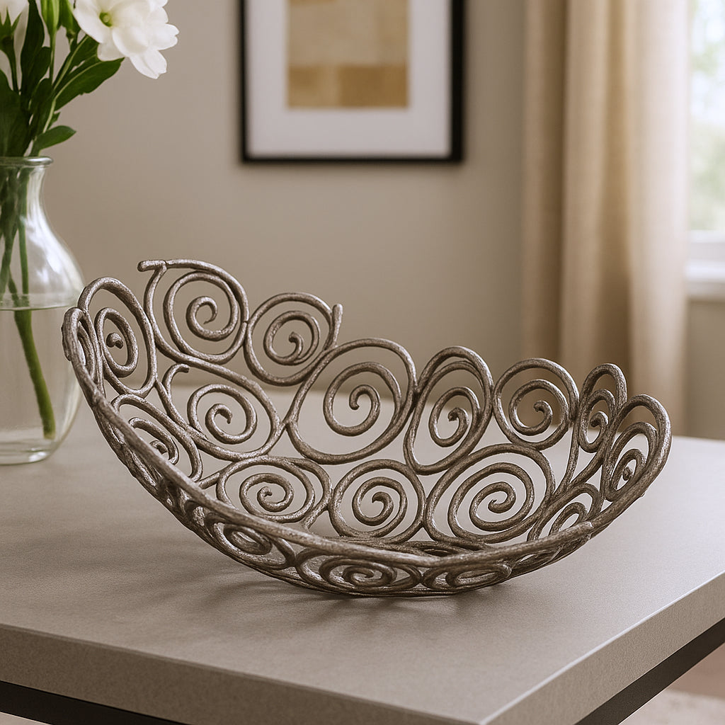 16" Silver Aluminum Abstract Circles Oval Decorative Bowl-Sculptures-DECOROLALA
