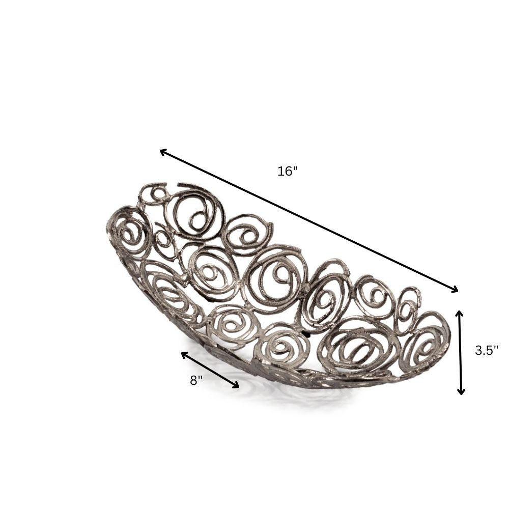 16" Silver Aluminum Abstract Circles Oval Decorative Bowl-Sculptures-DECOROLALA