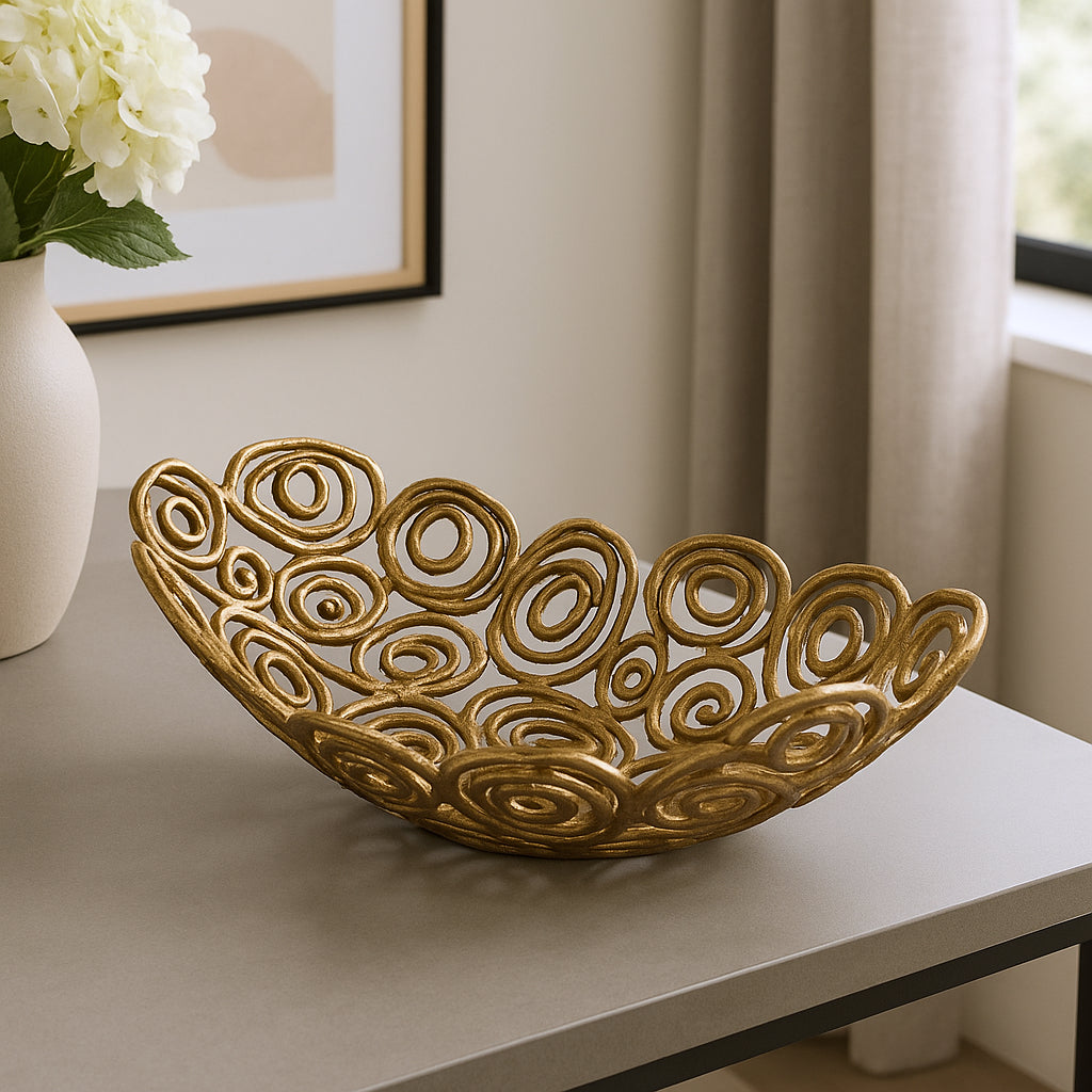 20" Gold Aluminum Abstract Circles Oval Decorative Bowl-Sculptures-DECOROLALA