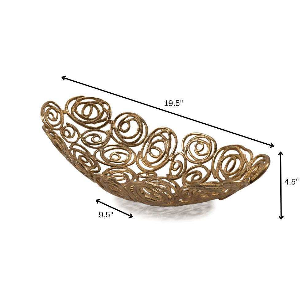 20" Gold Aluminum Abstract Circles Oval Decorative Bowl-Sculptures-DECOROLALA