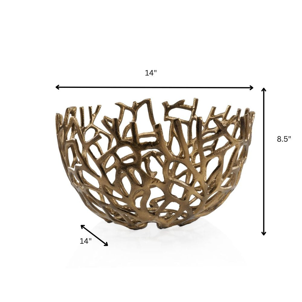 14" Gold Aluminum Coral Decorative Round Bowl-Sculptures-DECOROLALA