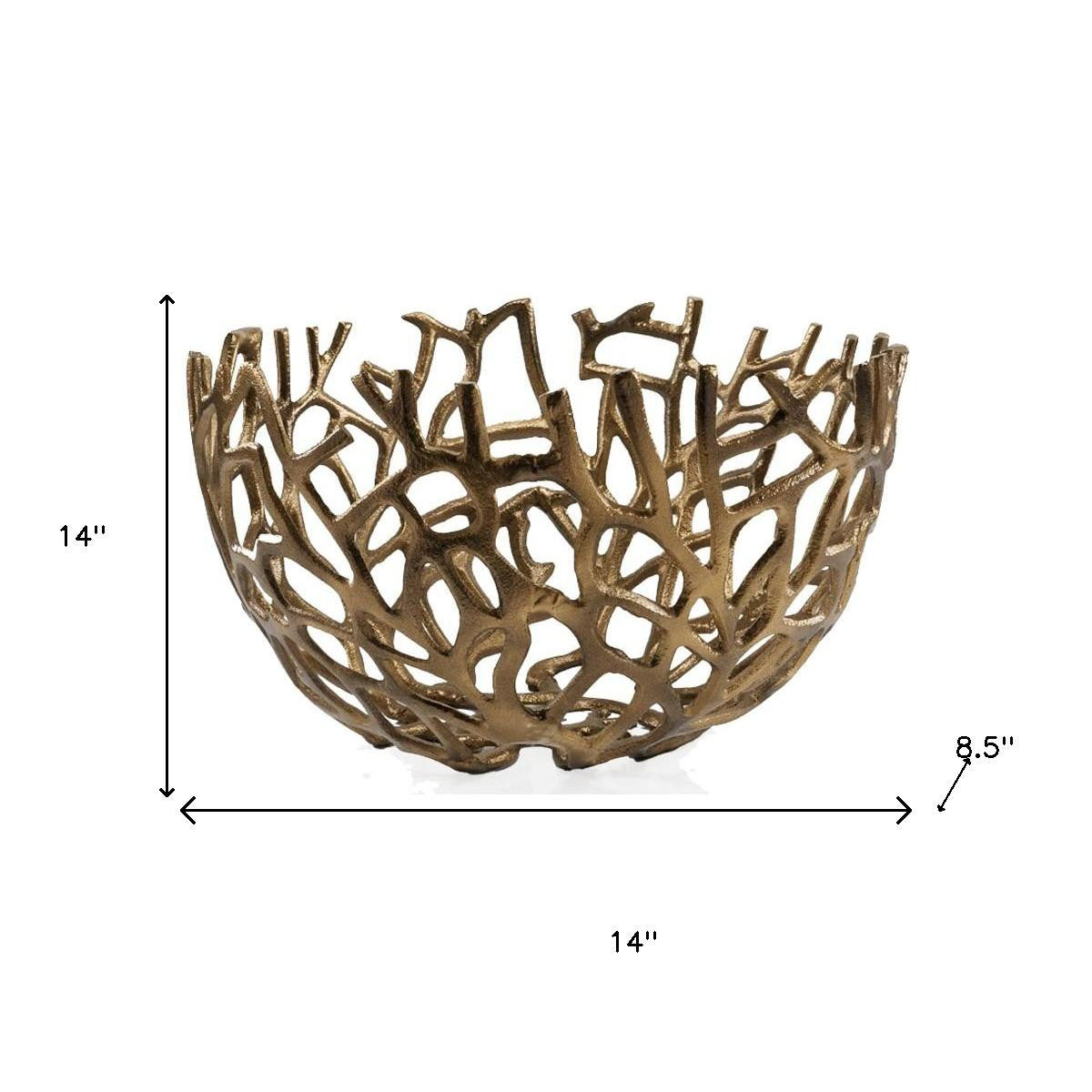 14" Gold Aluminum Coral Decorative Round Bowl-Sculptures-DECOROLALA