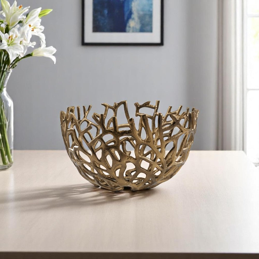14" Gold Aluminum Coral Decorative Round Bowl-Sculptures-DECOROLALA