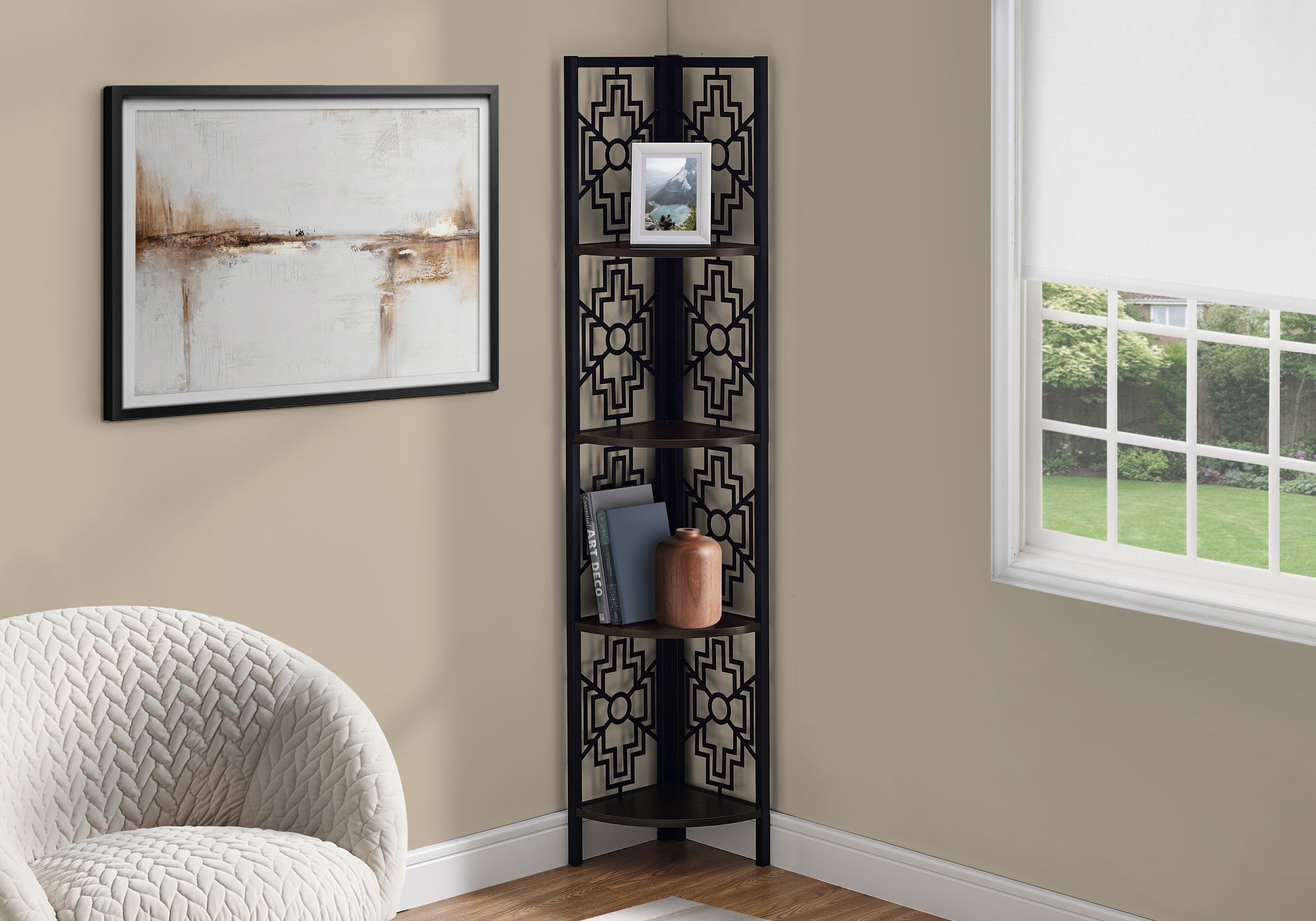 62"H Corner Etagere Bookcase, Black Metal & Taupe-Bookshelf-DECOROLALA