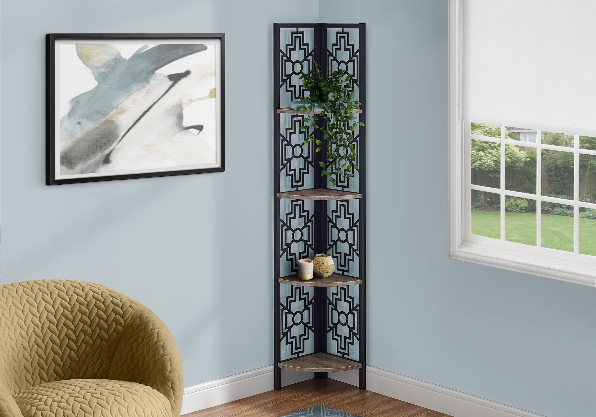 62"H Corner Etagere Bookcase, Black Metal & Taupe-Bookshelf-DECOROLALA