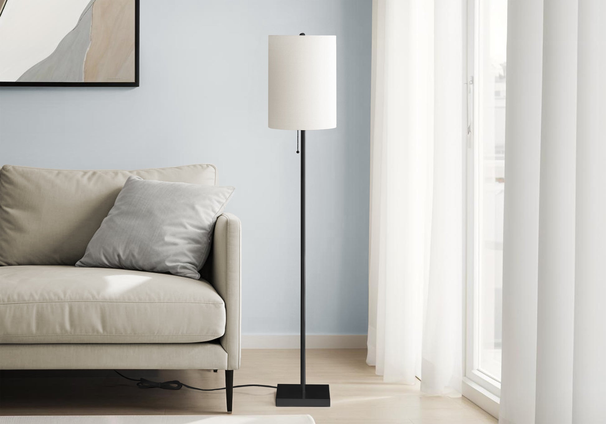 62"H Floor Lamp Black Metal Ivory Drum Shade-Lighting-DECOROLALA