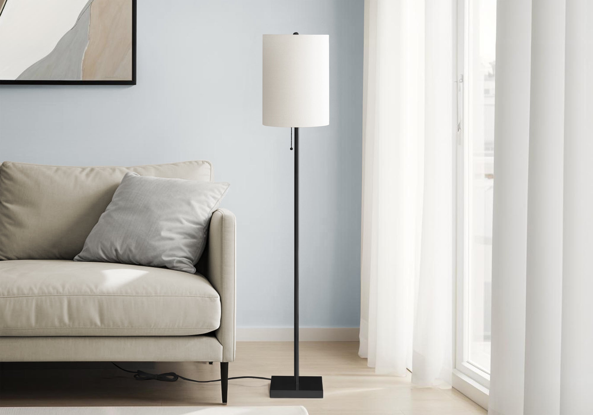 62"H Floor Lamp Black Metal Ivory Drum Shade-Lighting-DECOROLALA