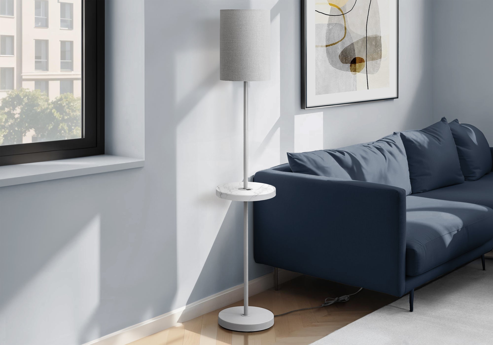 62"H Floor Lamp with USB Shelf Table, Black Metal-Lighting-DECOROLALA