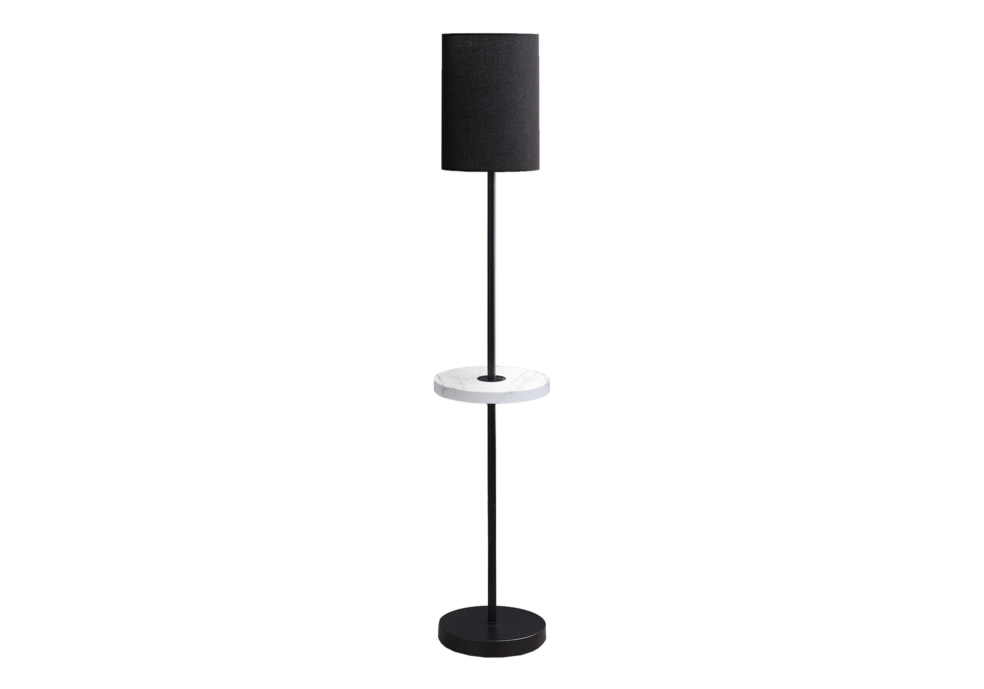 62"H Floor Lamp with USB Shelf Table, Black Metal-Lighting-DECOROLALA