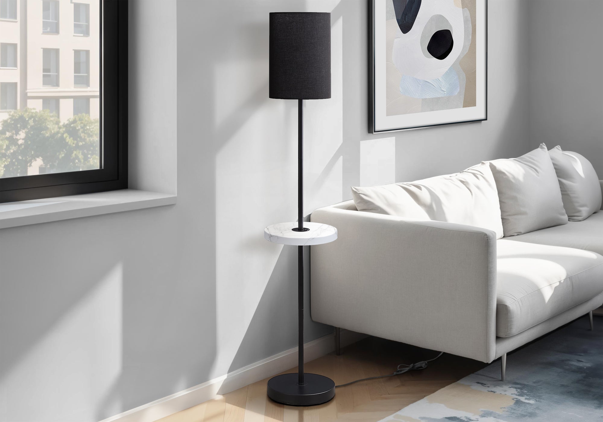62"H Floor Lamp with USB Shelf Table, Black Metal-Lighting-DECOROLALA