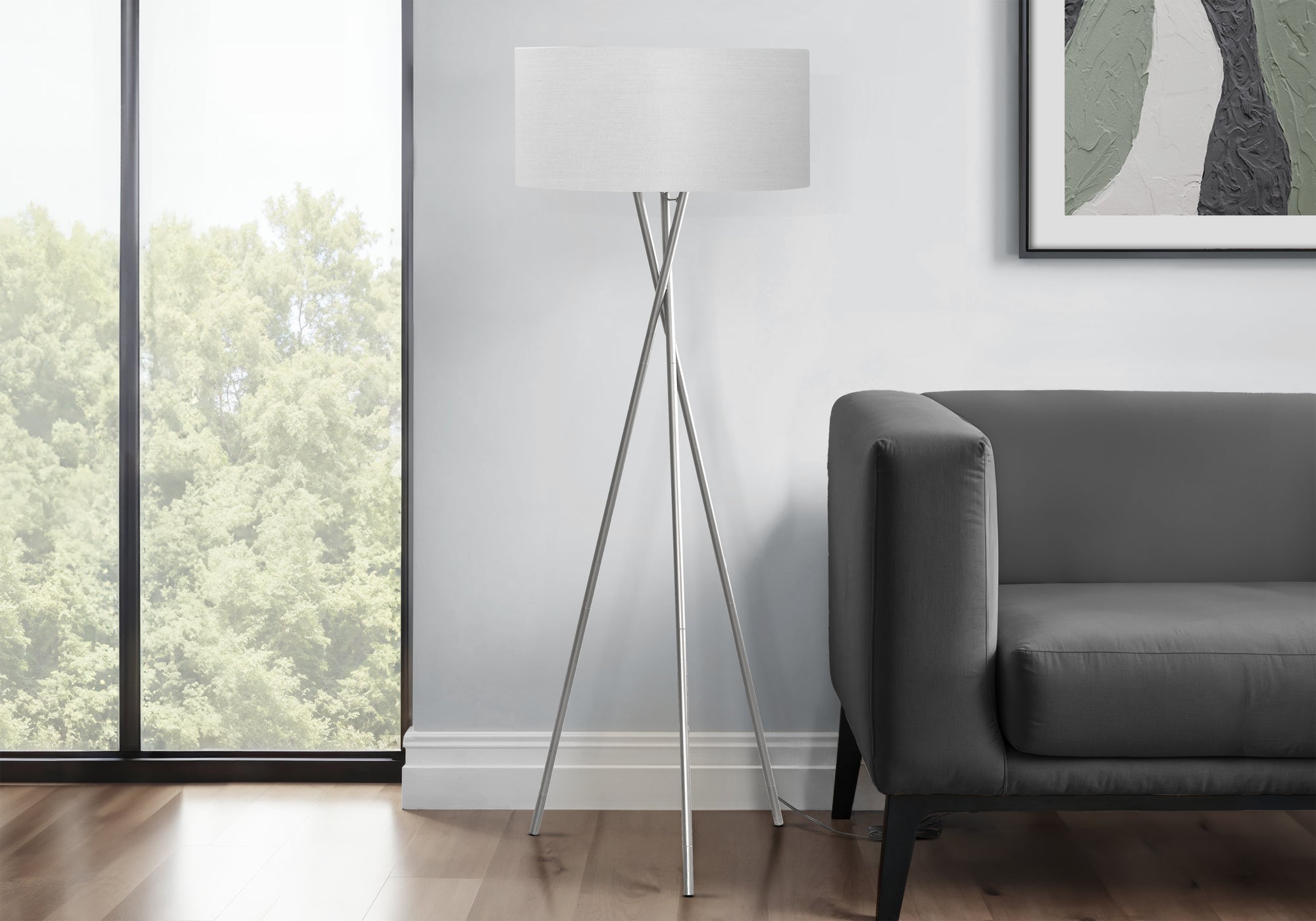 62"H Tripod Floor Lamp, Black Metal, Ivory Shade-Lighting-DECOROLALA