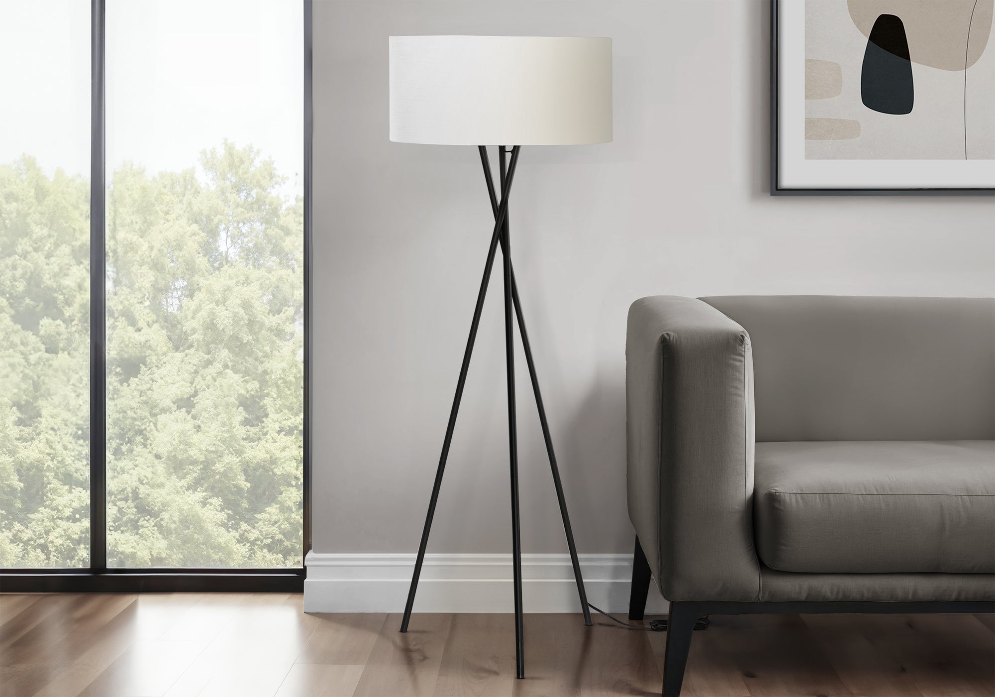 62"H Tripod Floor Lamp, Black Metal, Ivory Shade-Lighting-DECOROLALA