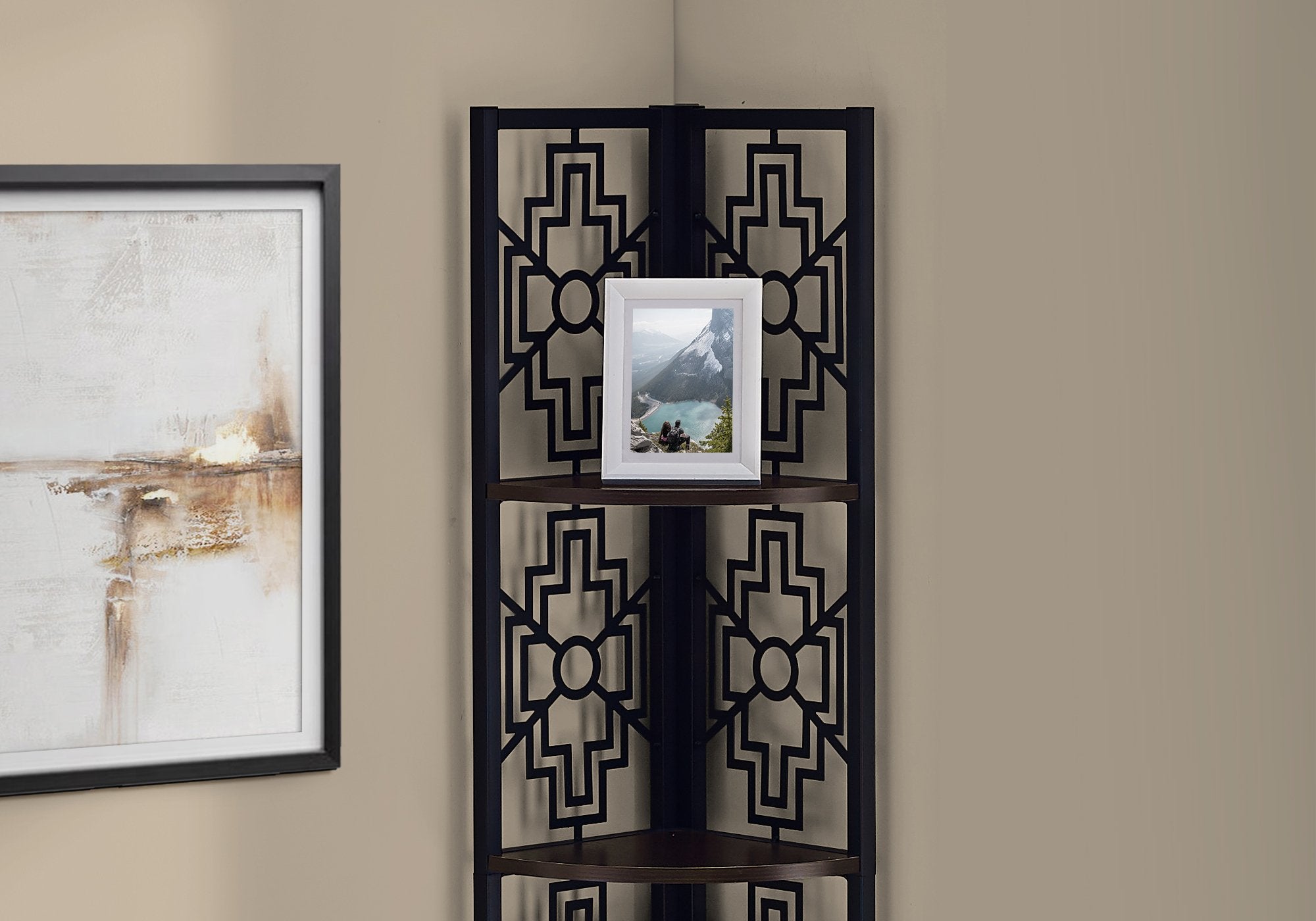 62inches Bookcase with 4 Solid Espresso Shelves and Black Metal Corner-Furniture-DECOROLALA