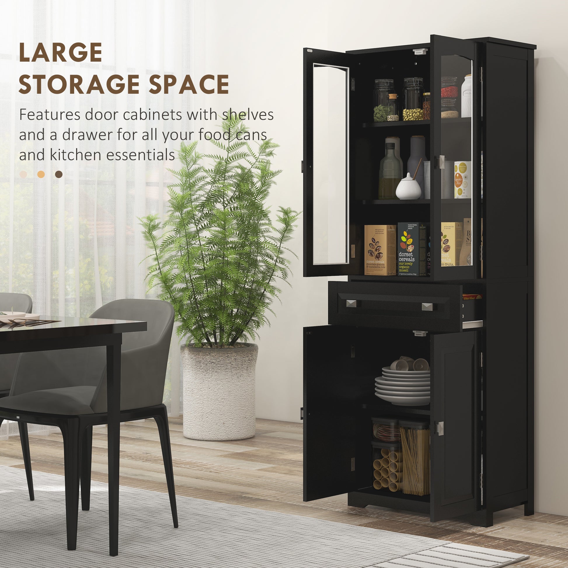 63" 4-Door Kitchen Pantry Cabinet, Freestanding Storage Cabinet Cupboard with Adjustable Shelves, Black-DECOROLALA