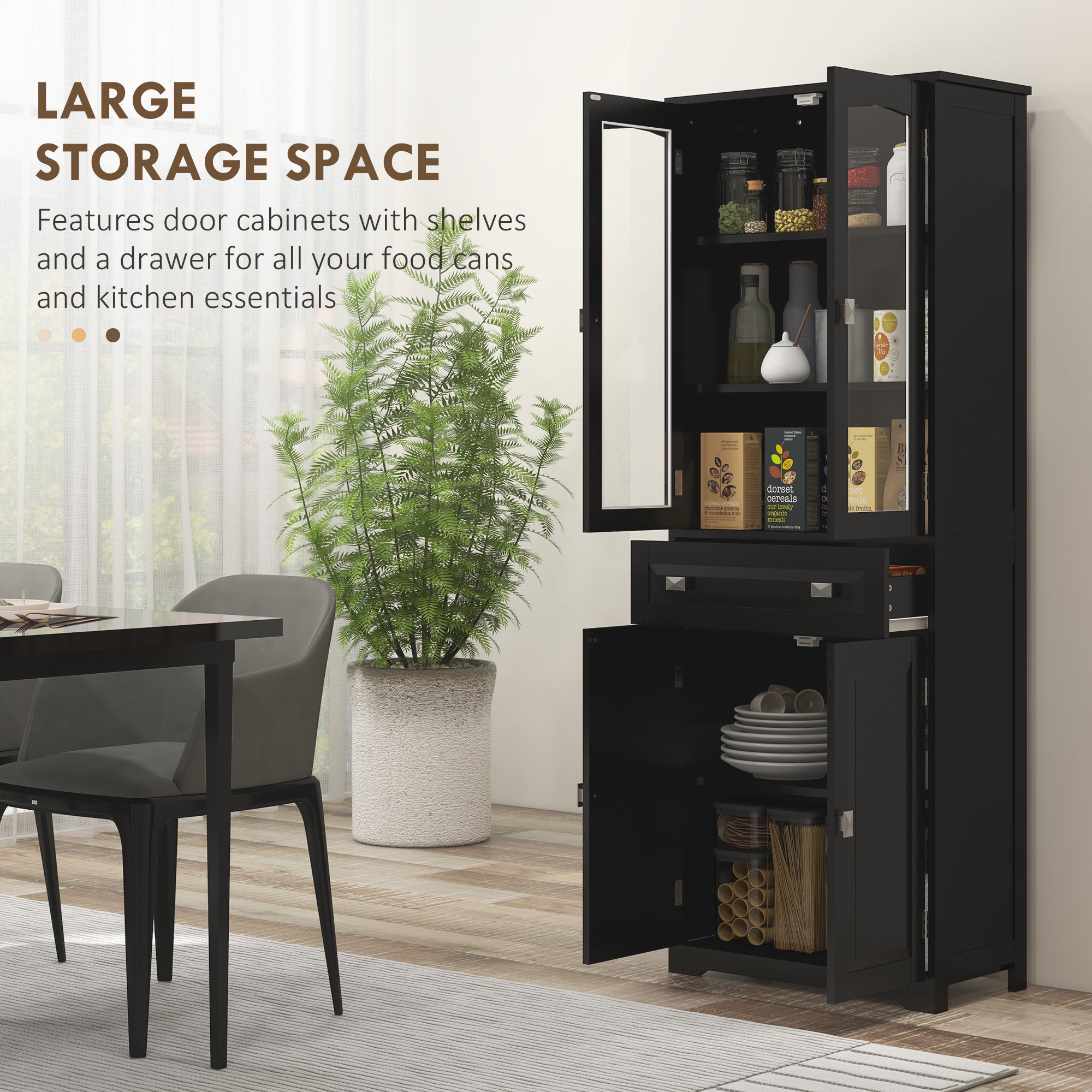 63" 4-Door Kitchen Pantry Cabinet, Freestanding Storage Cabinet Cupboard with Adjustable Shelves, Black-DECOROLALA