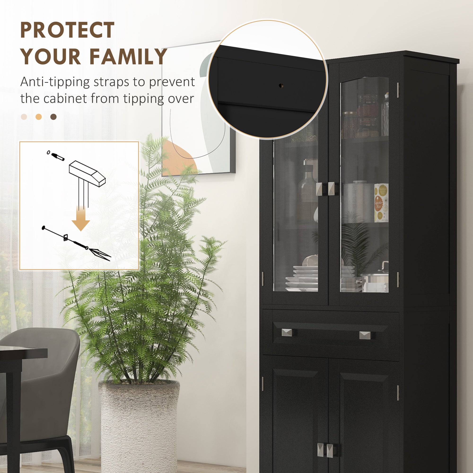 63" 4-Door Kitchen Pantry Cabinet, Freestanding Storage Cabinet Cupboard with Adjustable Shelves, Black-DECOROLALA