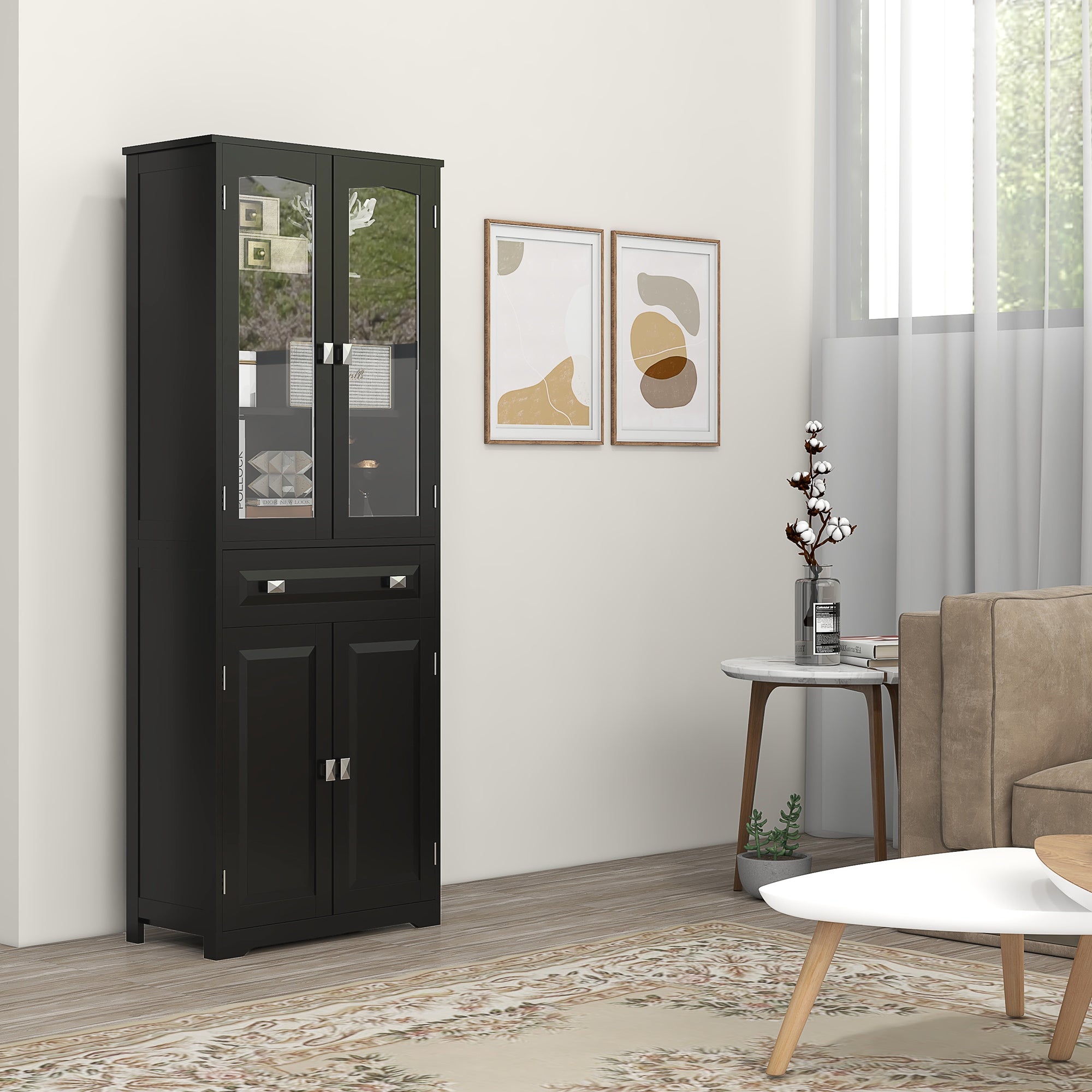 63" 4-Door Kitchen Pantry Cabinet, Freestanding Storage Cabinet Cupboard with Adjustable Shelves, Black-DECOROLALA