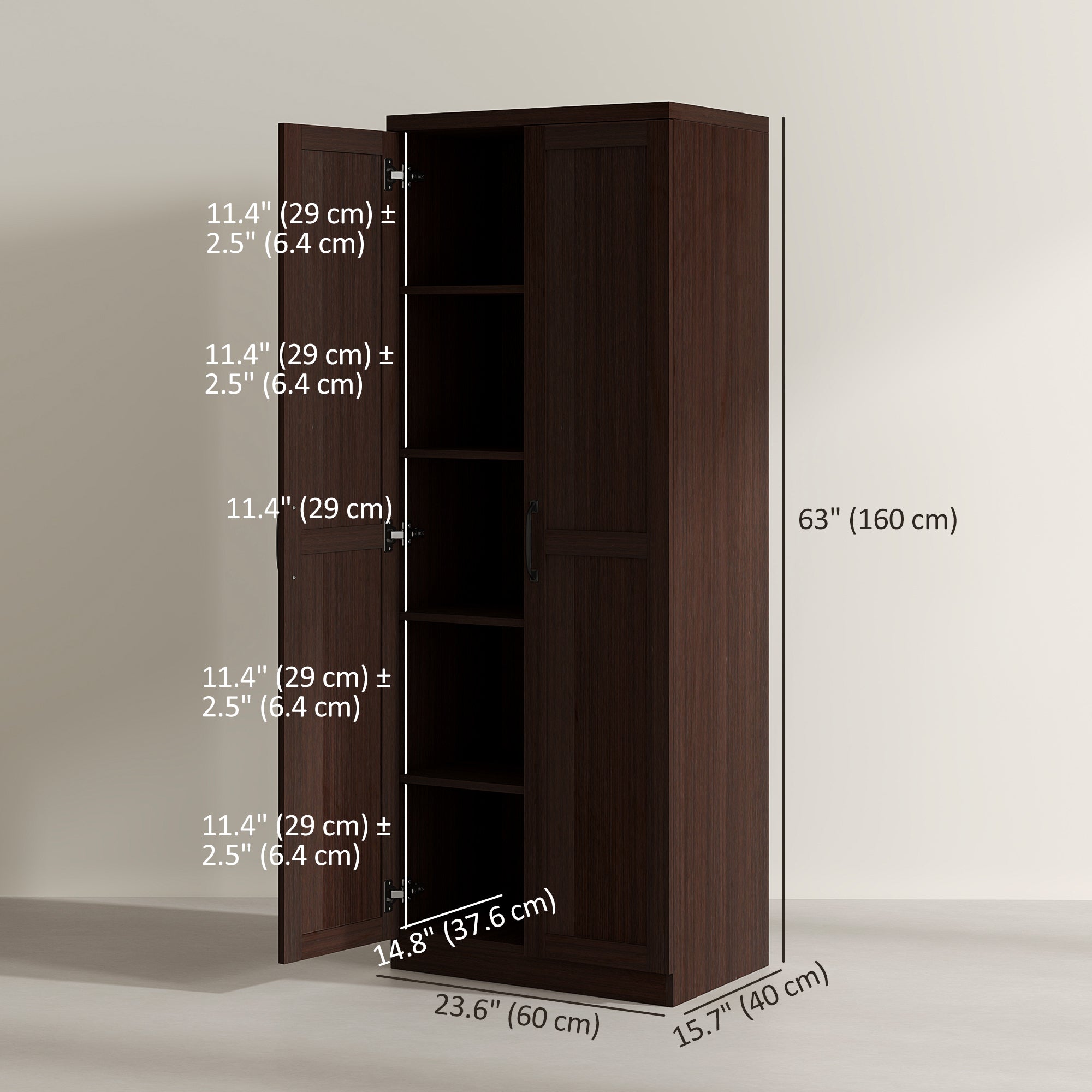 63" 5-Tier Kitchen Pantry Cabinet, Dark Brown Adjustable Shelves-DECOROLALA