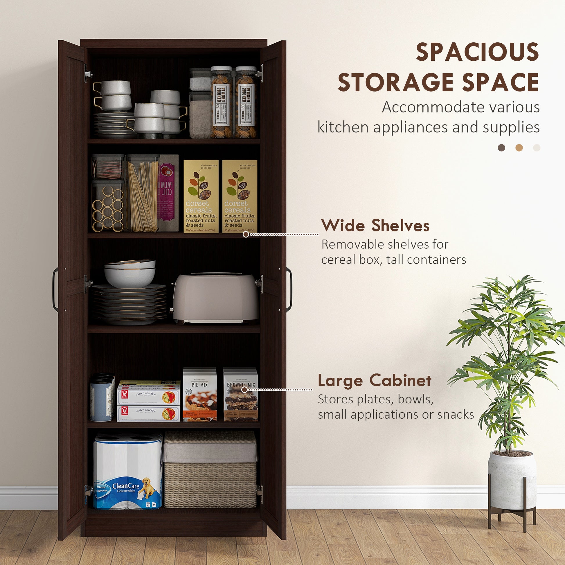 63" 5-Tier Kitchen Pantry Cabinet, Dark Brown Adjustable Shelves-DECOROLALA