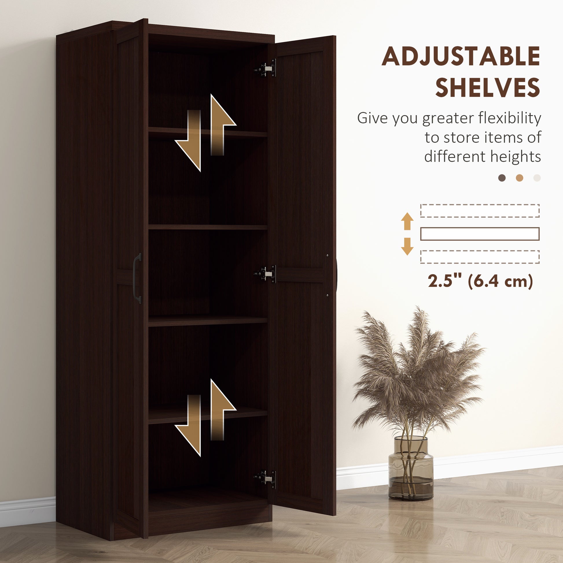 63" 5-Tier Kitchen Pantry Cabinet, Dark Brown Adjustable Shelves-DECOROLALA