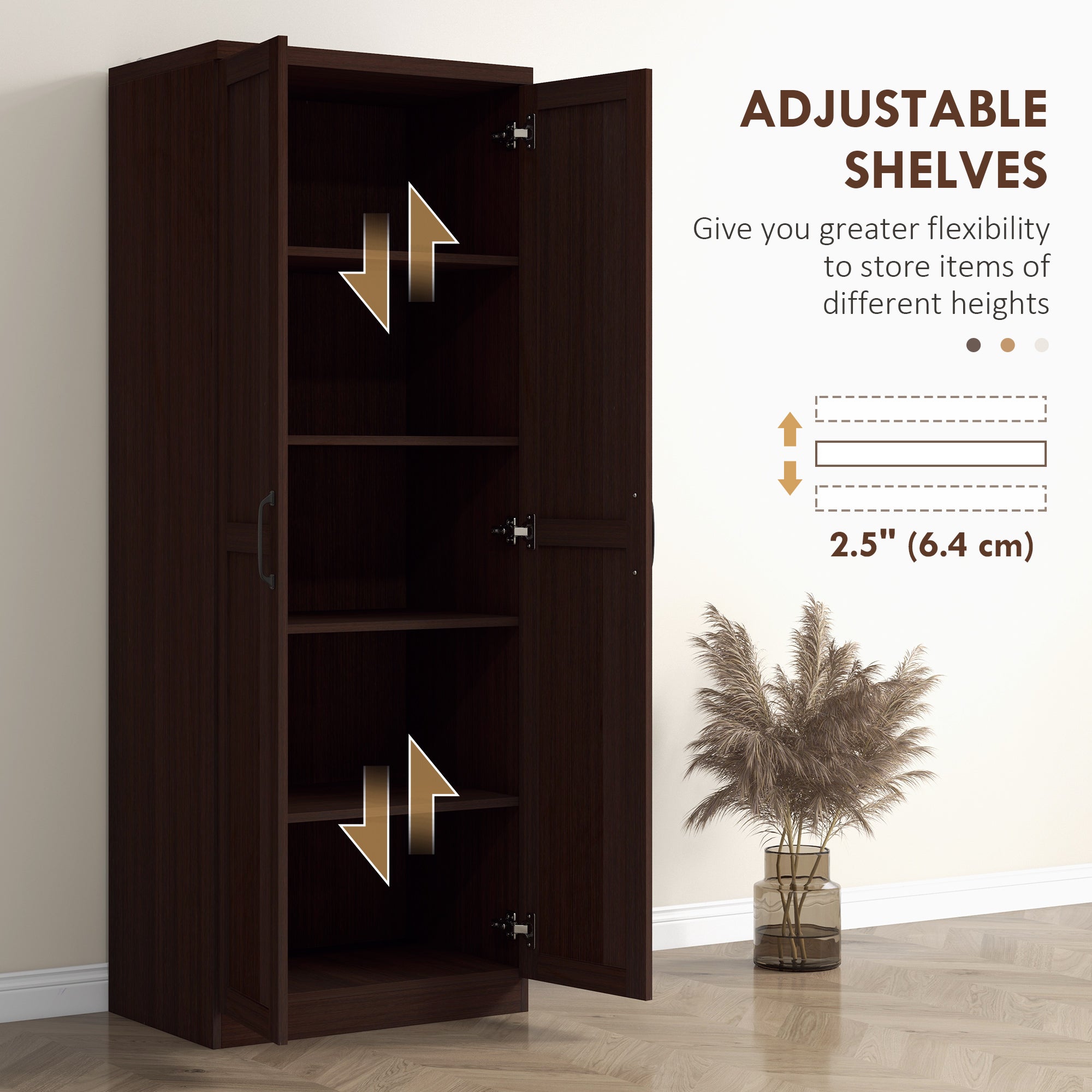 63" 5-Tier Kitchen Pantry Cabinet, Dark Brown Adjustable Shelves-DECOROLALA