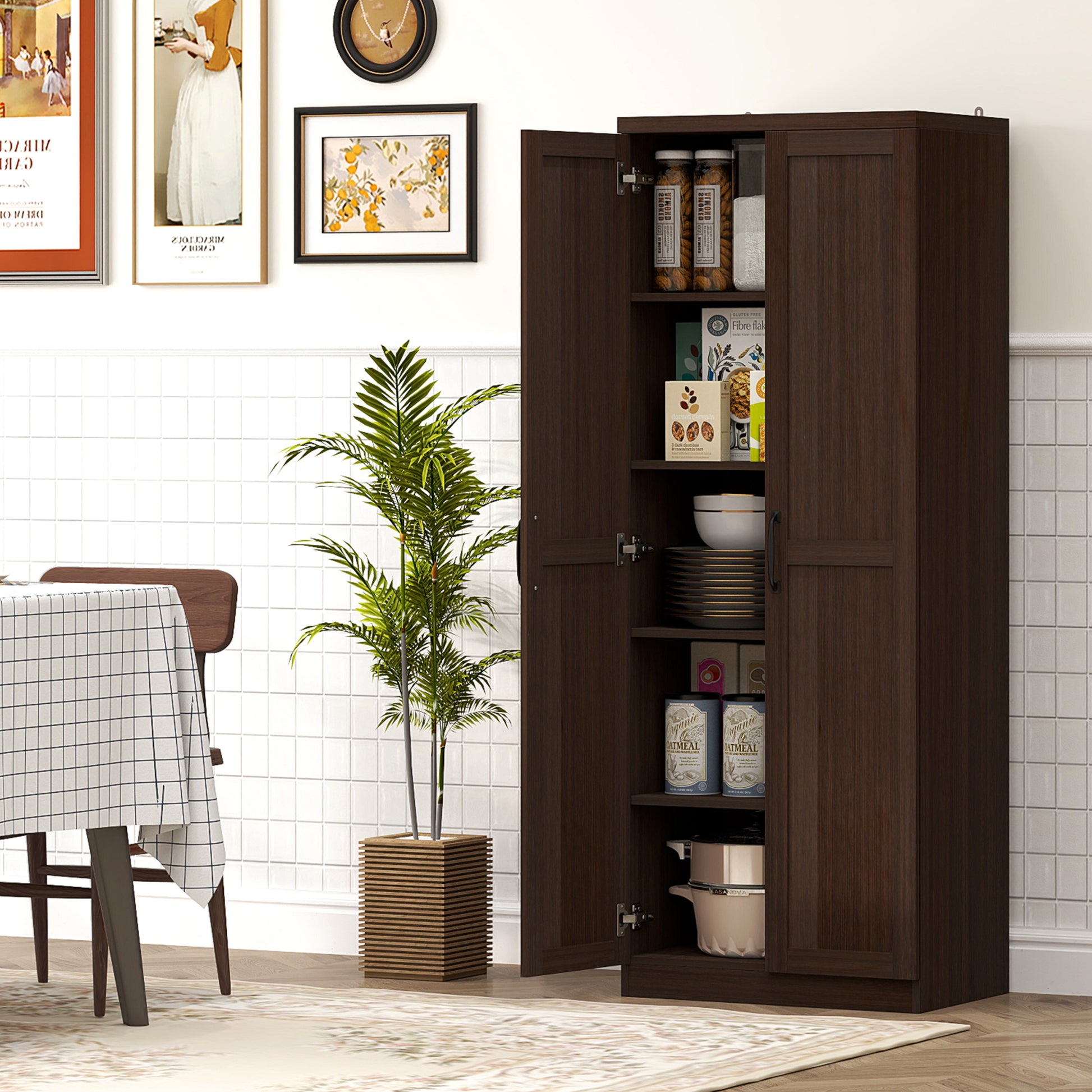 63" 5-Tier Kitchen Pantry Cabinet, Dark Brown Adjustable Shelves-DECOROLALA