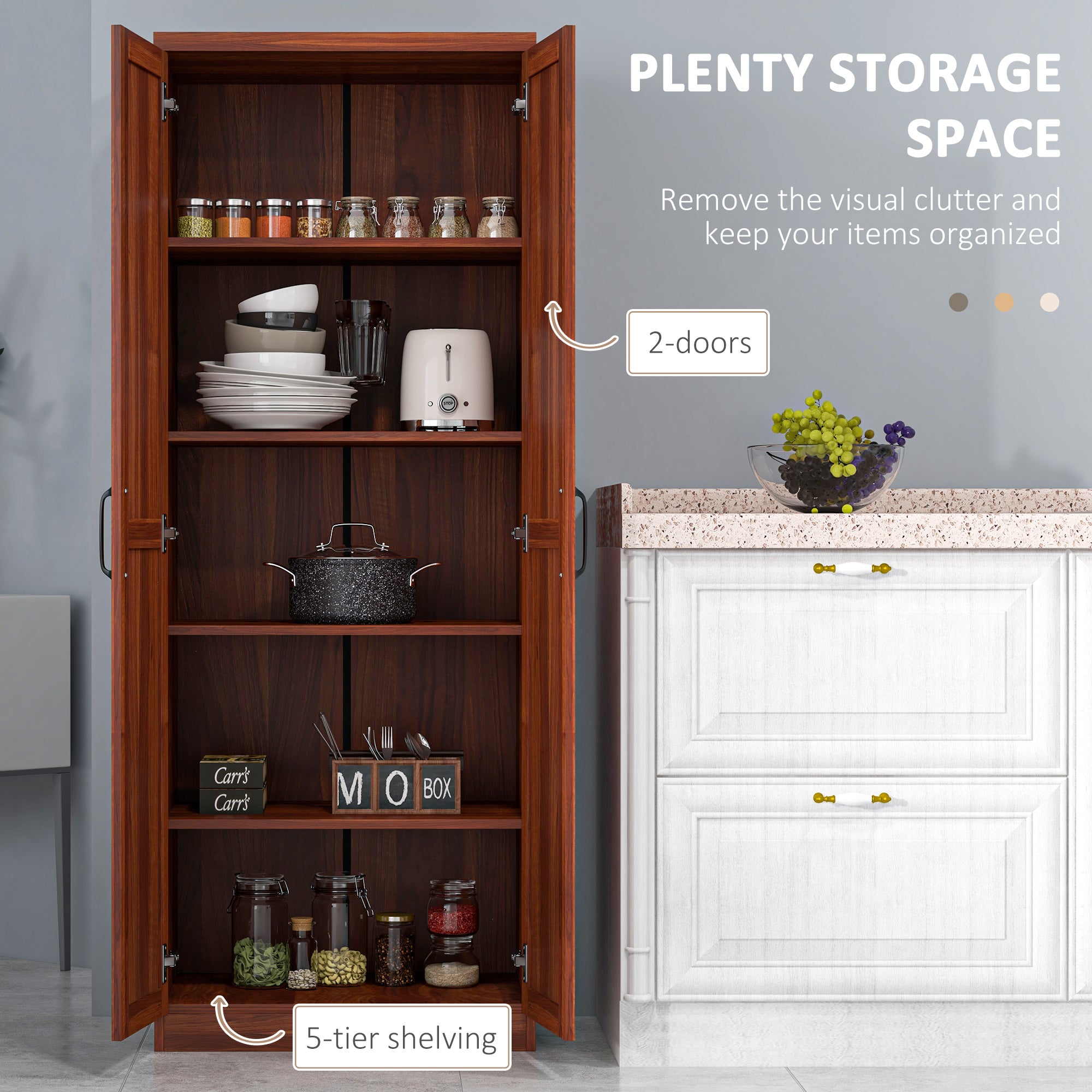 63" 5-Tier Tan Kitchen Cabinet with Adjustable Shelves-DECOROLALA