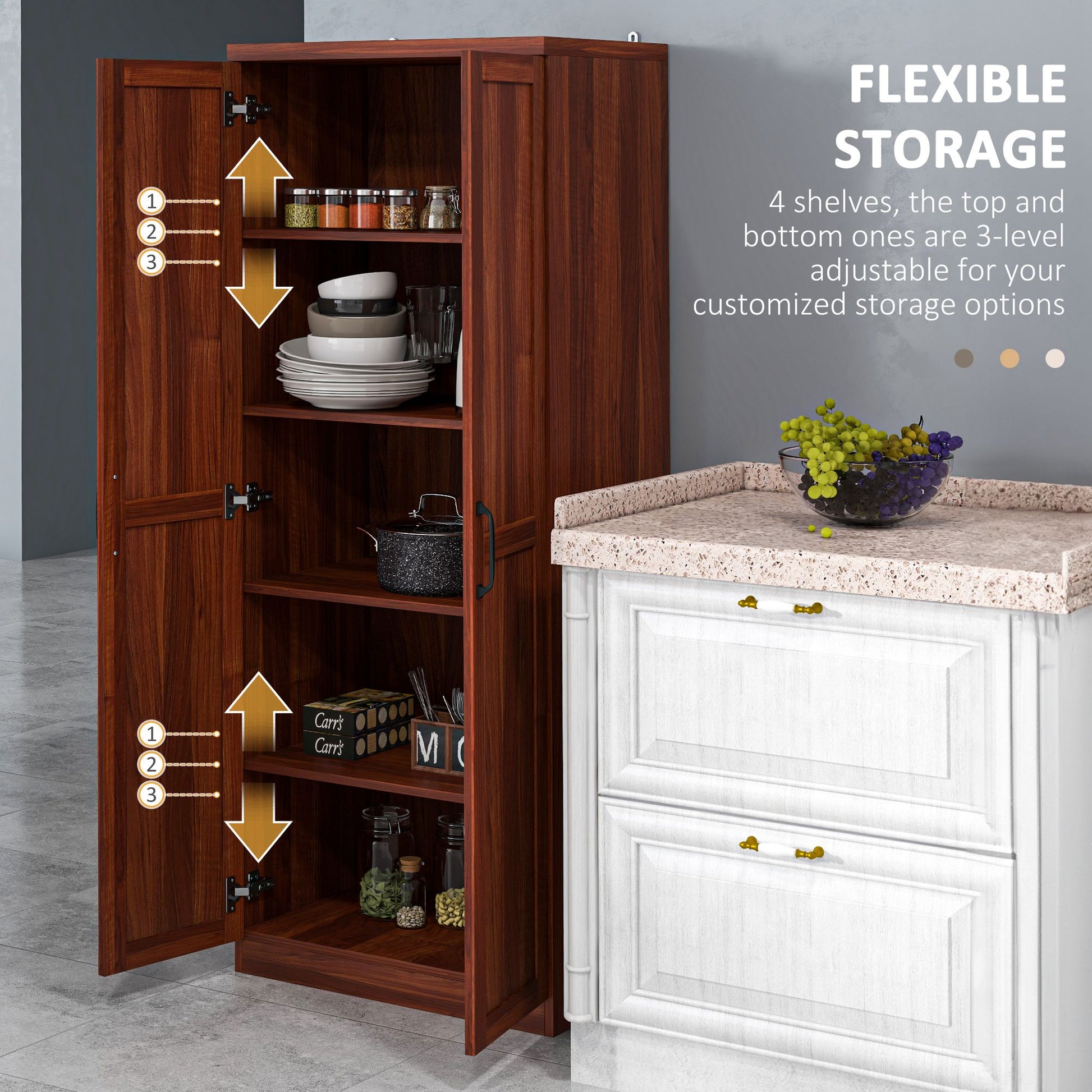 63" 5-Tier Tan Kitchen Cabinet with Adjustable Shelves-DECOROLALA
