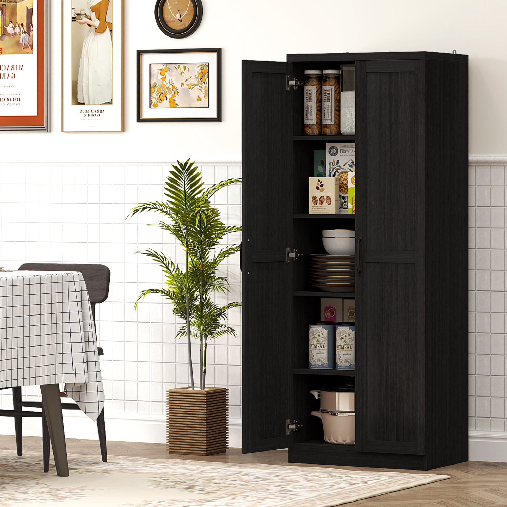 63" Black 5-Tier Kitchen Pantry Cabinet with Adjustable Shelves-DECOROLALA