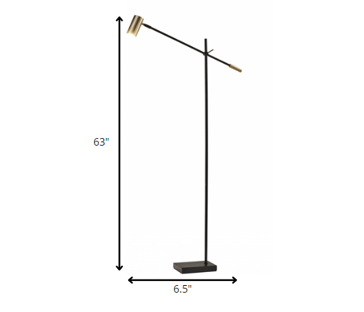 63" Black And Gold Adjustable LED Task Floor Lamp With Antiqued Brass Metal Cylinder Shade-Floor Lamps-DECOROLALA