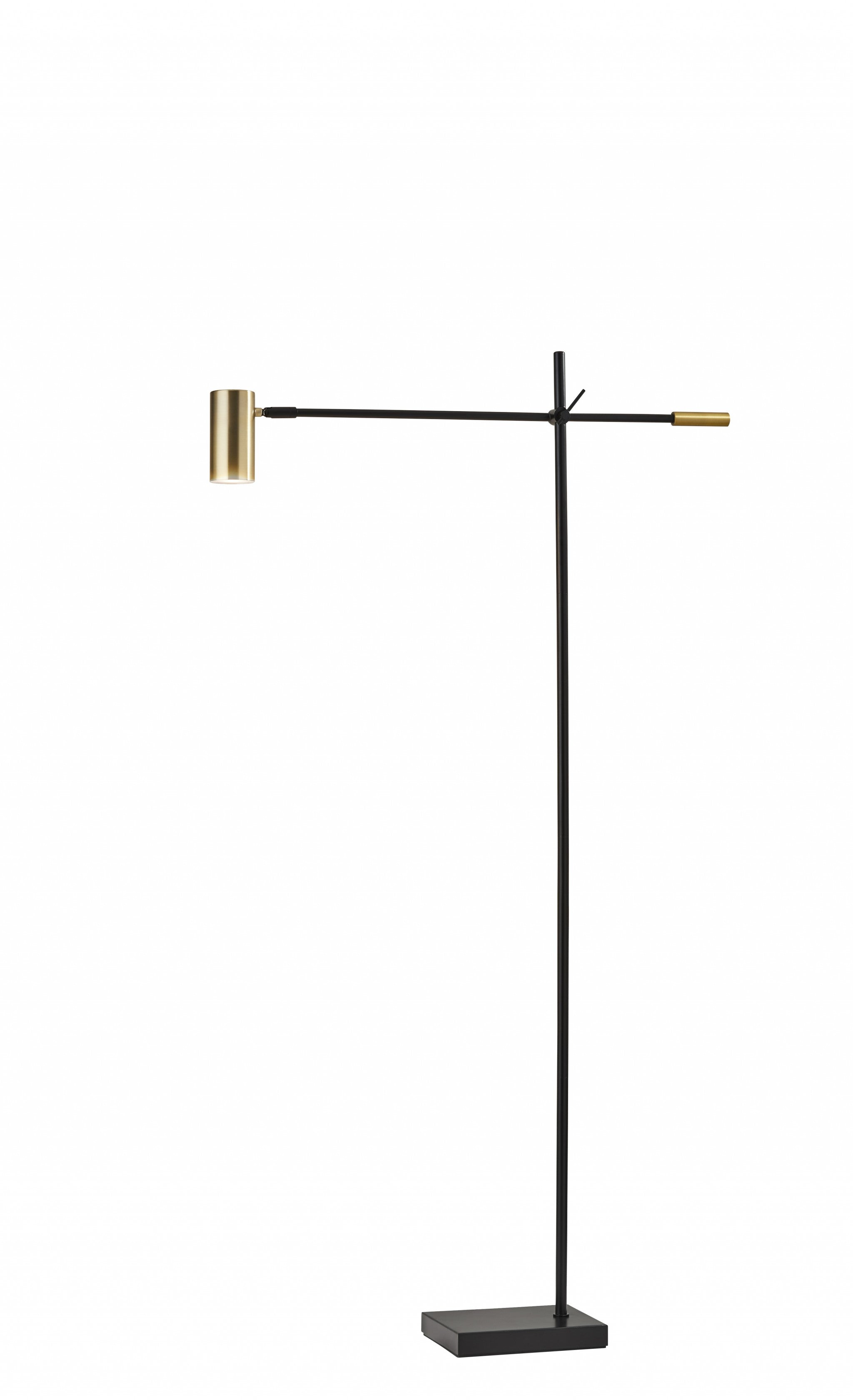 63" Black And Gold Adjustable LED Task Floor Lamp With Antiqued Brass Metal Cylinder Shade-Floor Lamps-DECOROLALA