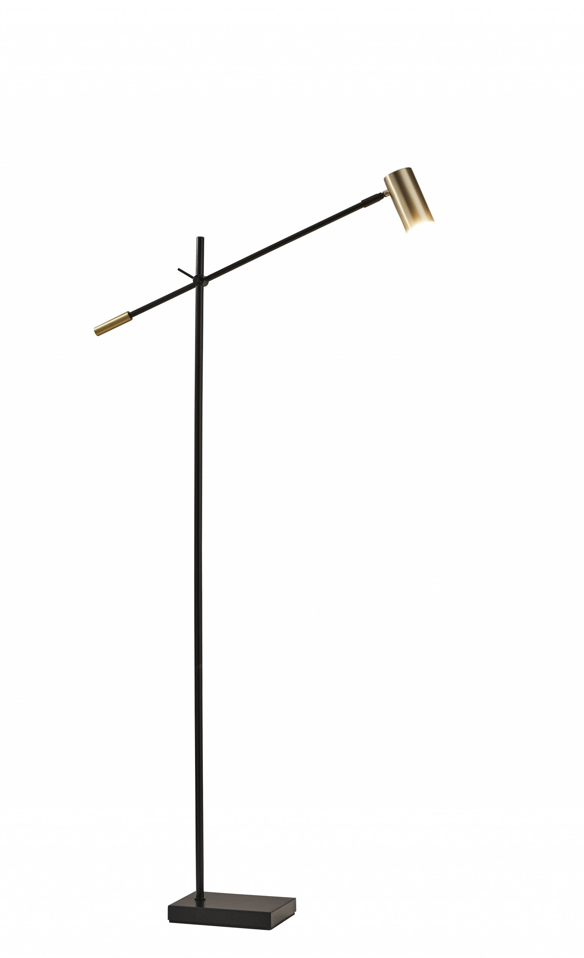63" Black And Gold Adjustable LED Task Floor Lamp With Antiqued Brass Metal Cylinder Shade-Floor Lamps-DECOROLALA