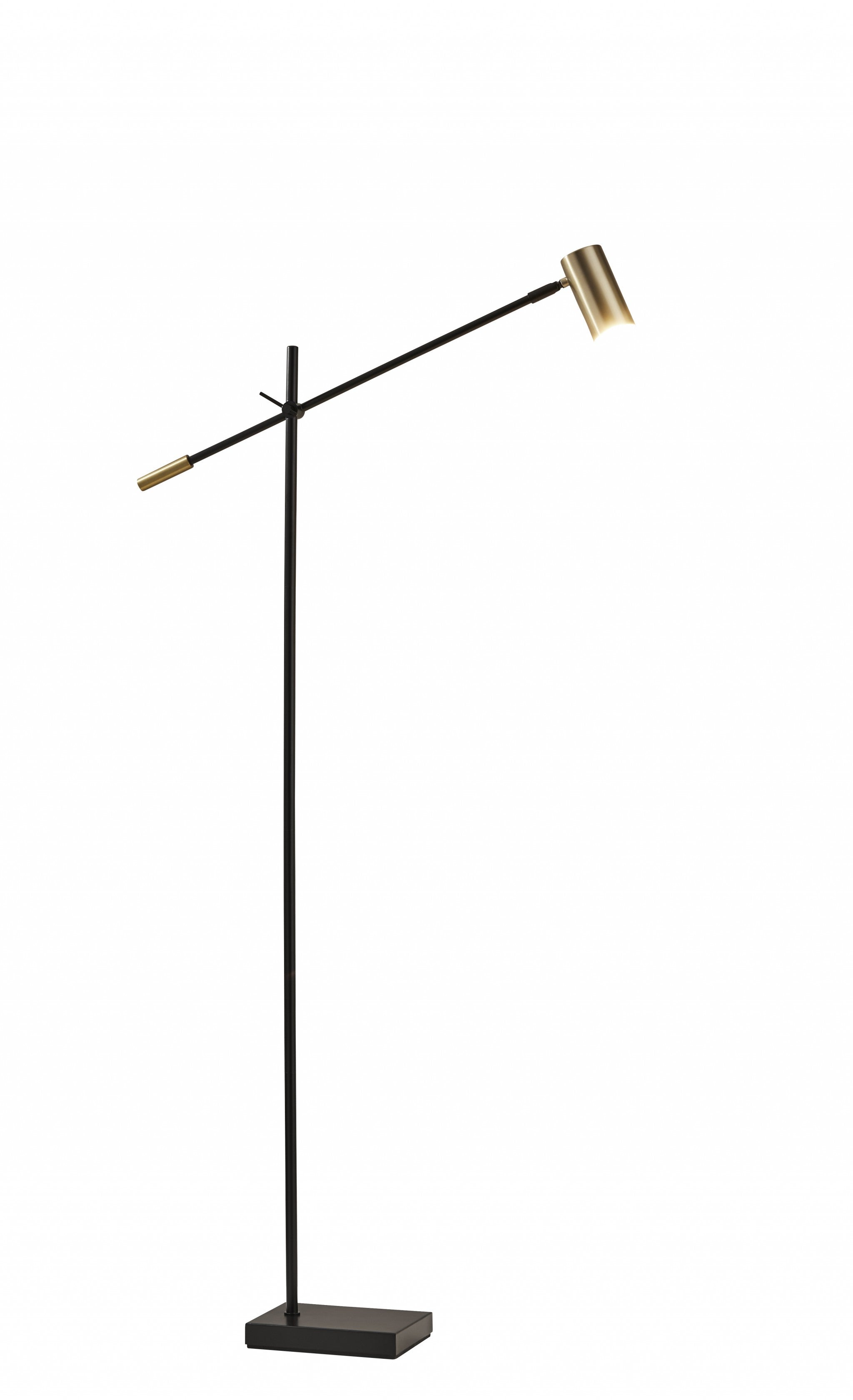 63" Black And Gold Adjustable LED Task Floor Lamp With Antiqued Brass Metal Cylinder Shade-Floor Lamps-DECOROLALA
