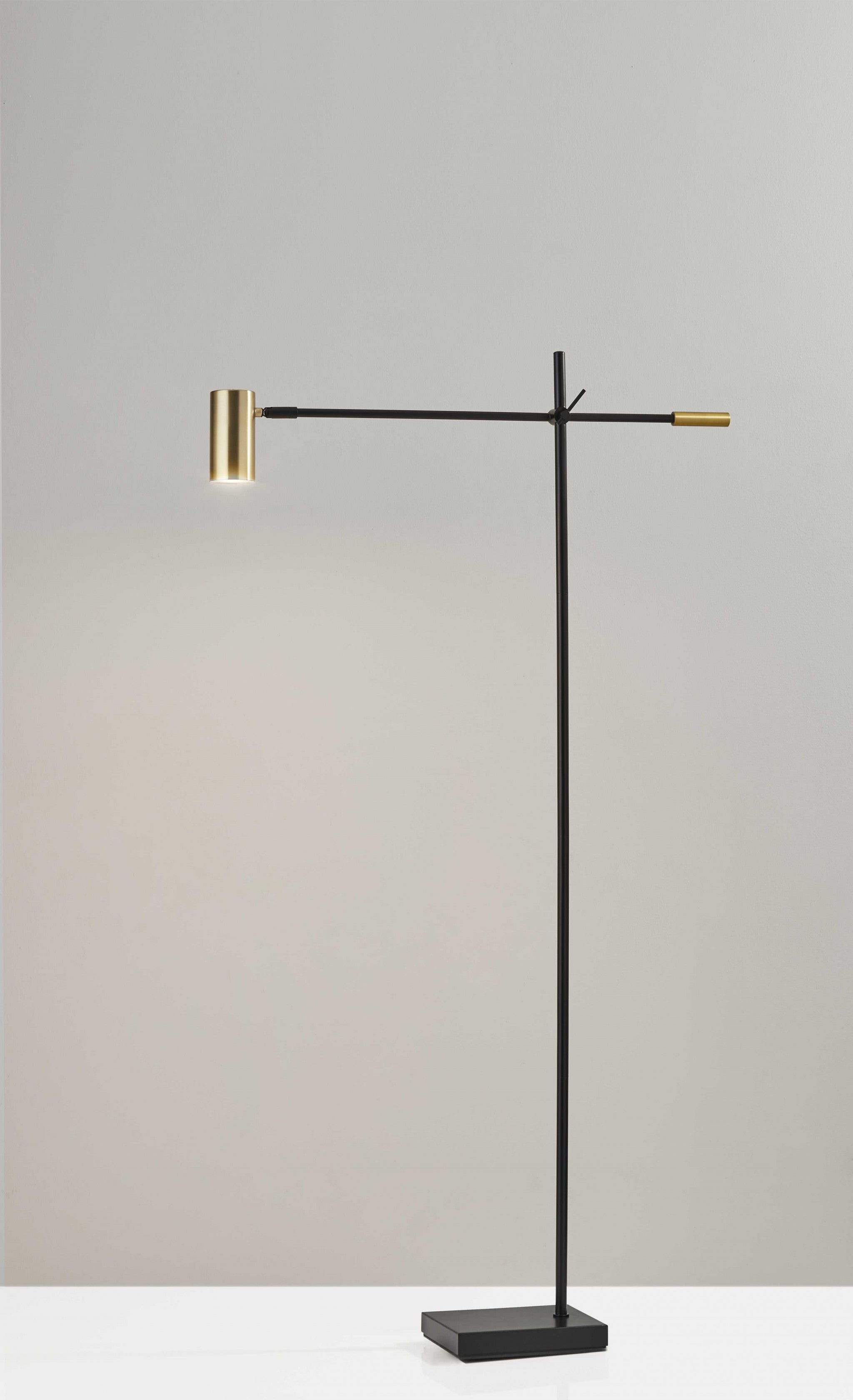 63" Black And Gold Adjustable LED Task Floor Lamp With Antiqued Brass Metal Cylinder Shade-Floor Lamps-DECOROLALA