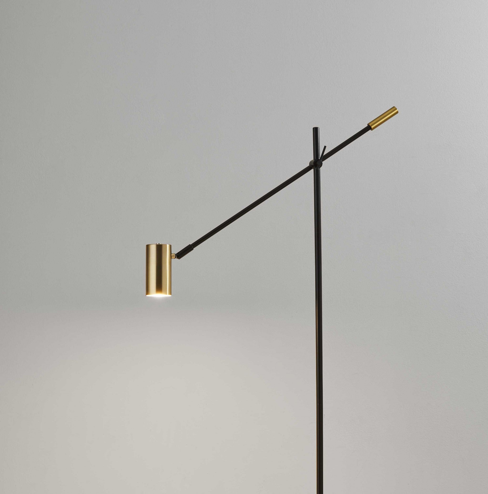 63" Black And Gold Adjustable LED Task Floor Lamp With Antiqued Brass Metal Cylinder Shade-Floor Lamps-DECOROLALA